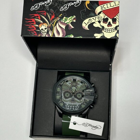 NEW Mens Army Green Silicone Band Ed Hardy Watch - Picture 1 of 2